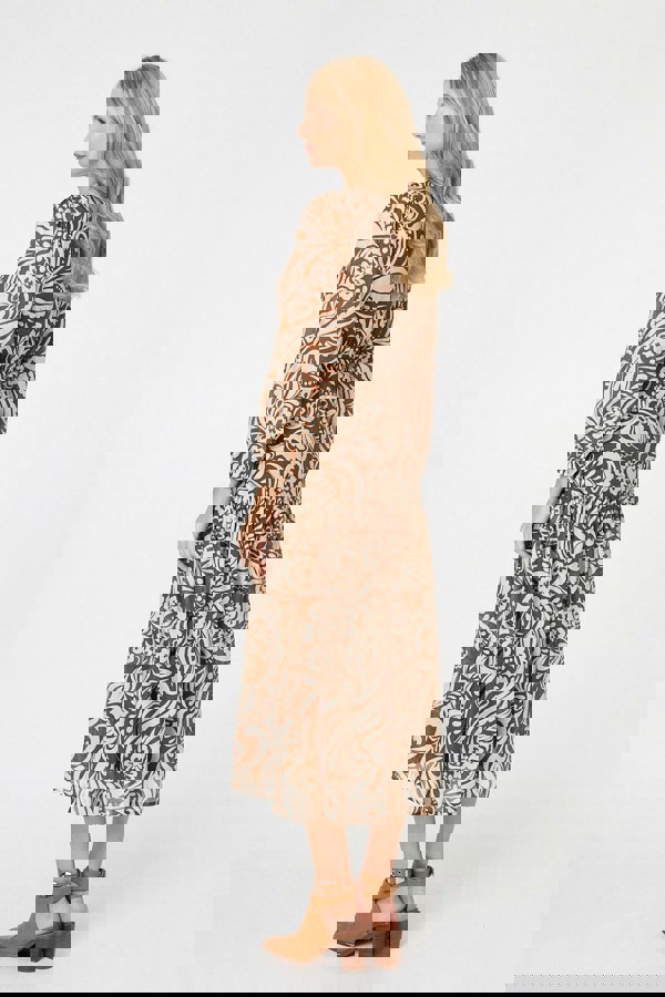 Brown | Printed Layered Long Sleeve Maxi Dress
