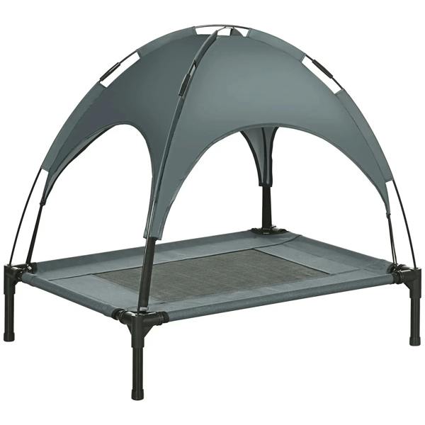 Grey elevated pet cot with arched canopy and breathable mesh base