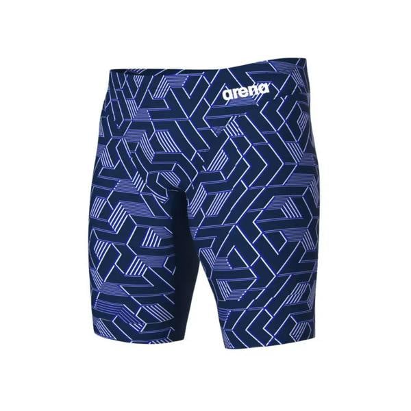 Arena Escape Swim Jammer navy blue geometric trunks with white logo