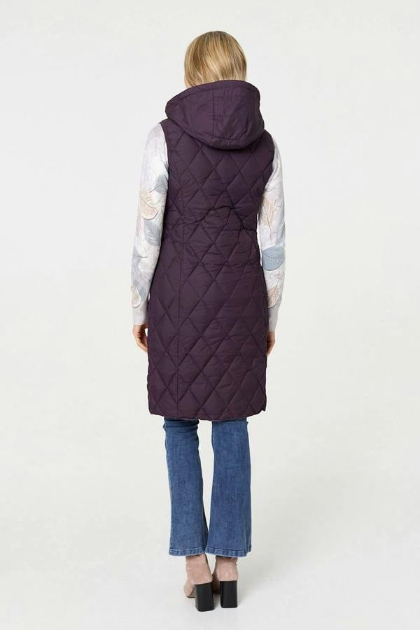 Purple | Hooded Sleeveless Longline Puffer Gilet
