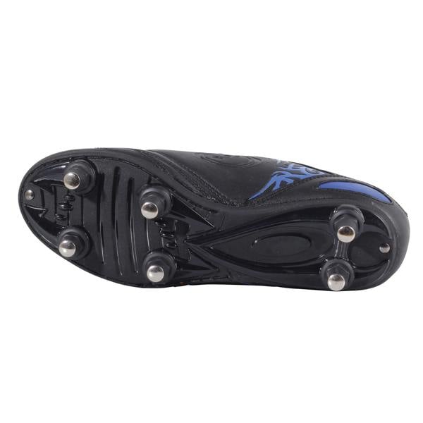 Black junior Optimum Razor football boot sole, showing six metal screw-in studs and blue tribal print - Optimum