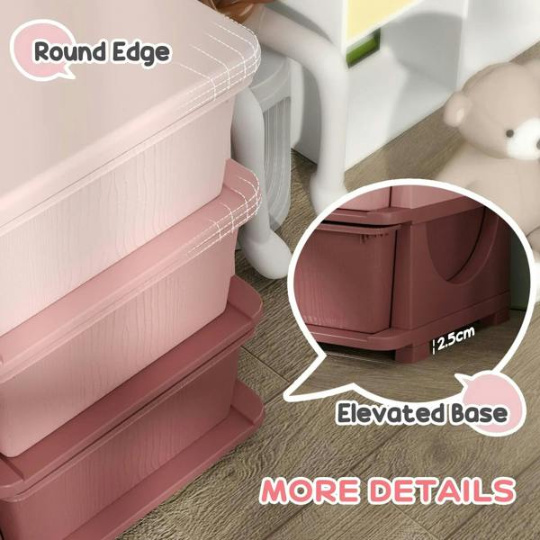 Pink kids storage unit showing rounded edges and elevated base on short legs