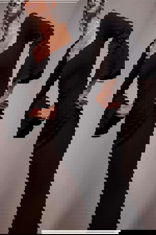 Petal Bow Sleeve Frill Maxi Dress - Black DR4767