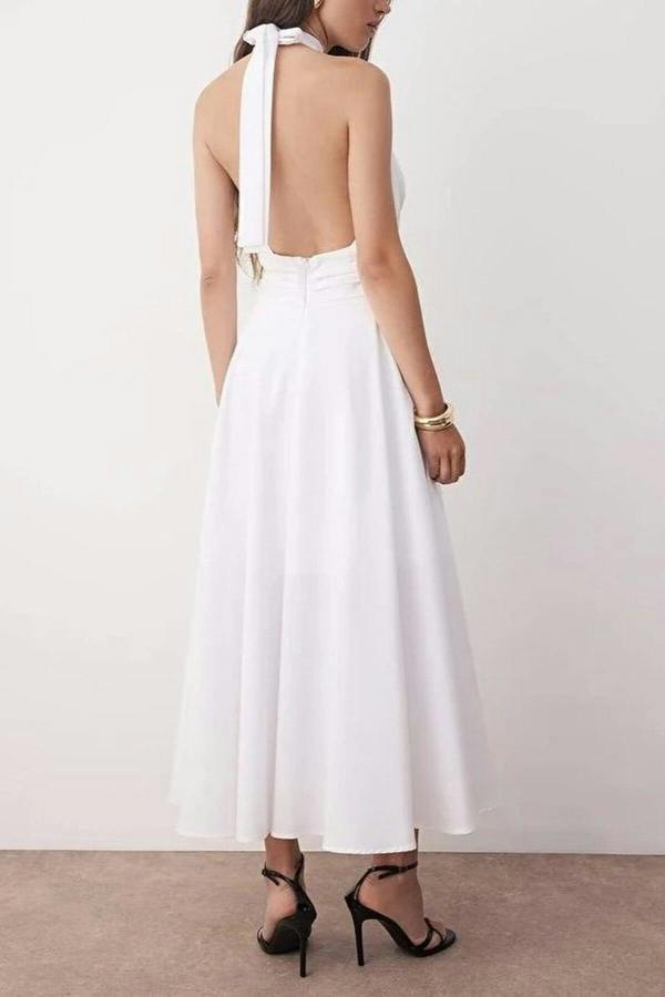 WOVCOR Low-Cut Halter Neck Poplin Lined Woven Dress