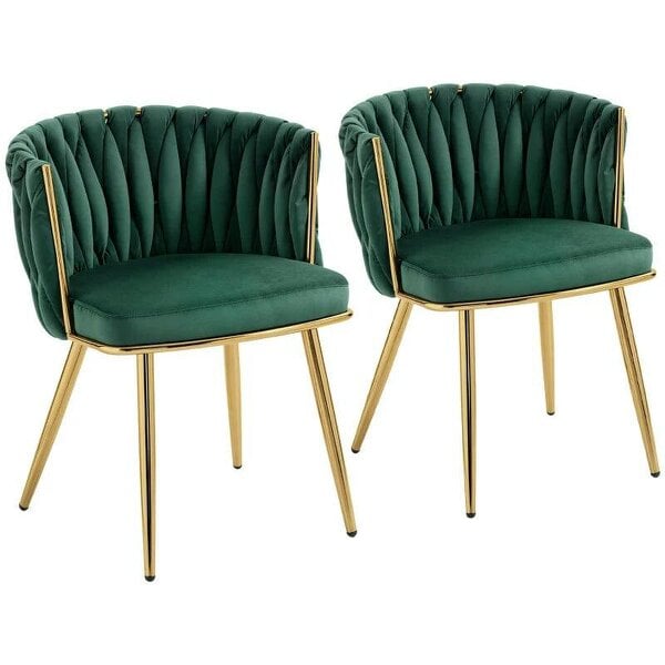 Bobobiy Velvet-Feel Dining Chairs Set of 2, Modern Upholstered Armchair with Knot Design and Golden Metal Legs, Accent Chair, Dark Green