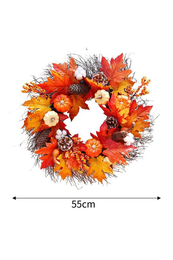 Living and Home 55cm Artificial Fall Wreath for Front Door Rustic Autumn Wreath with Light, Pumpkin, Cotton, Pine Cone,Maple Leaf