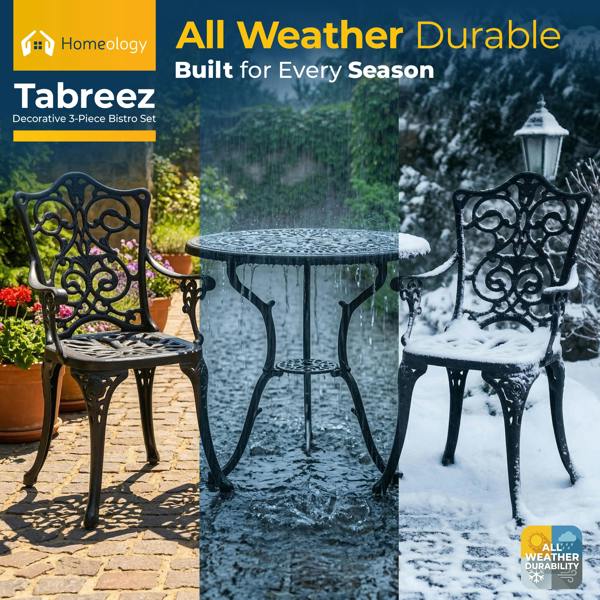 Homeology TABREEZ Garden and Patio Table and 2 Large Chairs with Armrests Cast Aluminium Bistro Set - Black