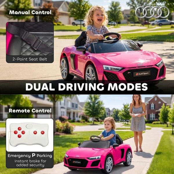 Licensed Audi R8 Spyder 12V Electric Car for Kids with Remote Control, Dual Motors, Rear Suspension, Soft Start, Pink