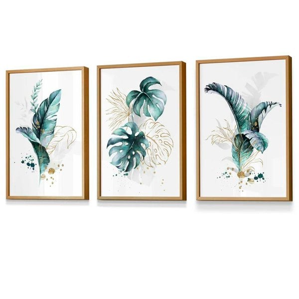 Artze Wall Art Teal Blue and Gold Botanical Set of 3 Floral Framed Prints