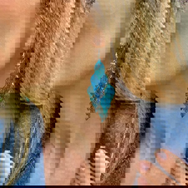 Blue statement earrings, layered leaf design, metallic shimmer finish, lightweight dangle style, bold and artistic accessory
