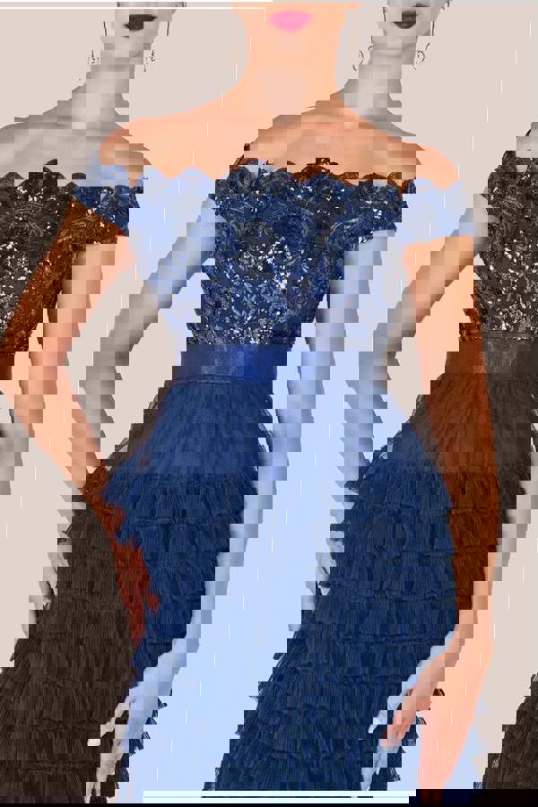 Scallop Bardot Ruffle Mesh Maxi - Navy DR3742