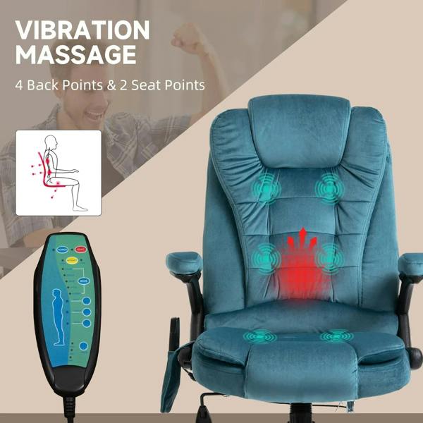 Blue velvet massage recliner chair with highlighted vibration points on back and seat