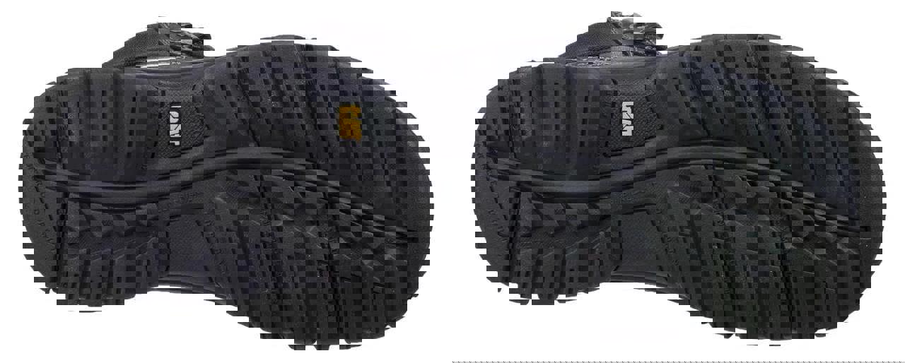 Caterpillar Framework Mens Steel Toe/Composite Midsole S3 Work Safety Boots, the image shows the sole of the black safety work boots with rugged tread for slip resistance and durability.