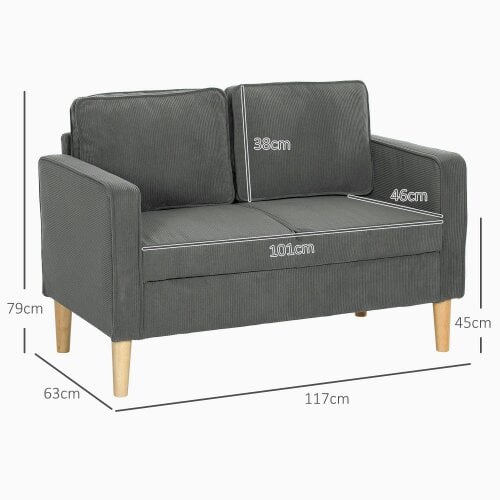 Wyld Haus Sono Vare Corduroy Grey Compact 2 Seater Sofa Natural Wooden Legs
