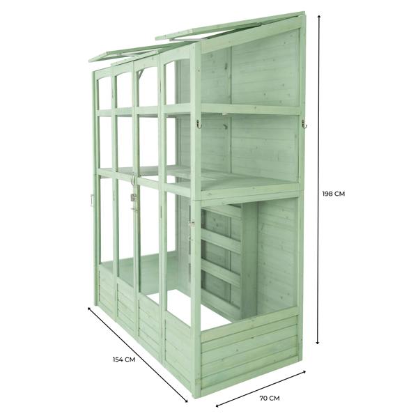 Victorian-style greenhouse in soft green wood, featuring multiple shelves, large glass panels, and a spacious design for plants