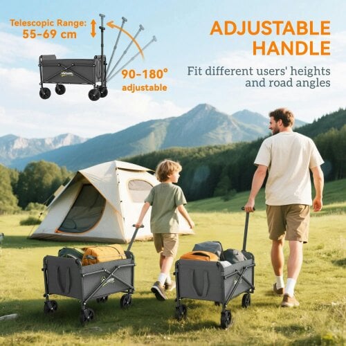 Bobobiy 41L Festival Trolley on Wheels, 60kg Heavy Duty Collapsible Foldable Wagon with Adjustable Handle and Carrying Bag for Beach, Grey