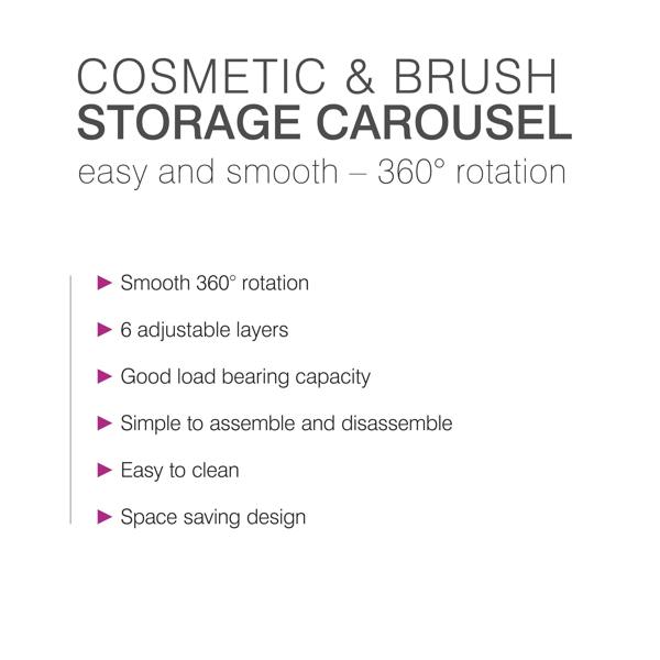 Promotional graphic for the Rio Cosmetic & Brush Storage Carousel, featuring easy 360° rotation, 6 adjustable layers, strong load bearing, simple assembly and cleaning, plus a space-saving design for your beauty essentials.