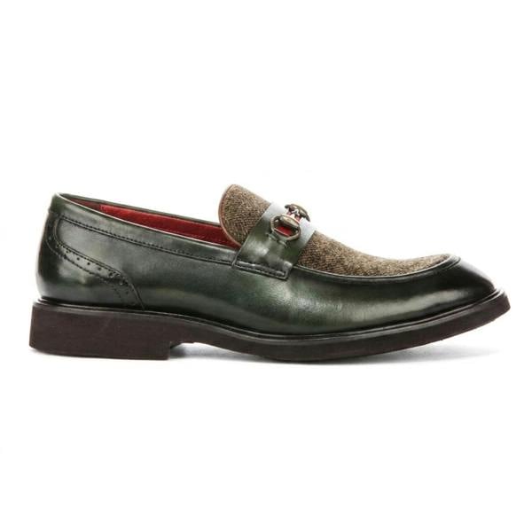 Justin Reess Tristian - Men's Green Leather Herringbone Tweed Loafers