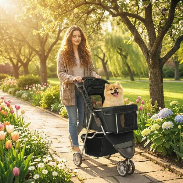 3 Wheel Pet Stroller for Small and Miniature Dogs, Black - Black