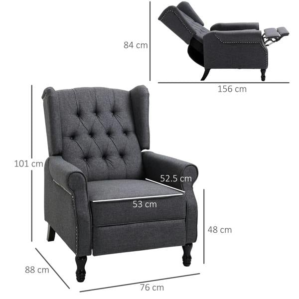Dark grey recliner armchair with button-tufted back and padded armrests, side view