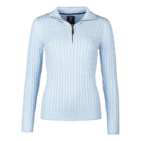 Rydale Emma Quarter Zip Cable Knitwear in Soft Blue with fitted cable knit design and quarter zip fastening