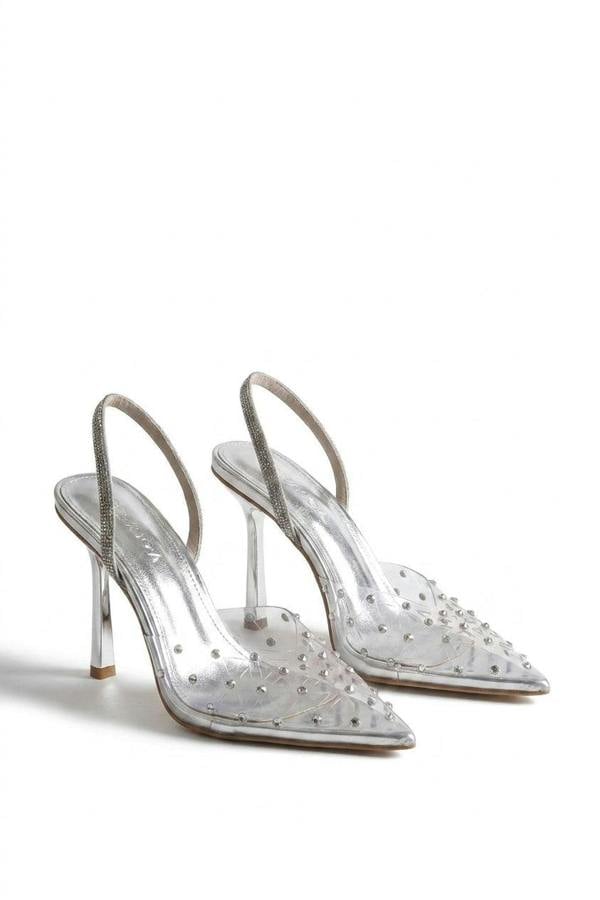 Soraya Studded Pointed Slingback Heels - Silver_wb