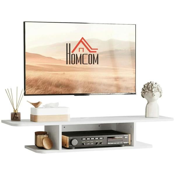 White wall-mounted floating TV console with two open storage shelves and cable-ready design