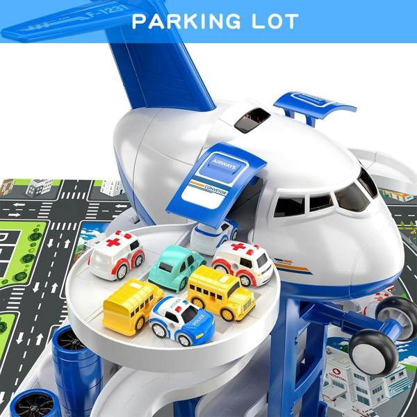 Dyzi Kids Aeroplane Race Track Toy with 8 Cars Sounds Lights and Play Mat