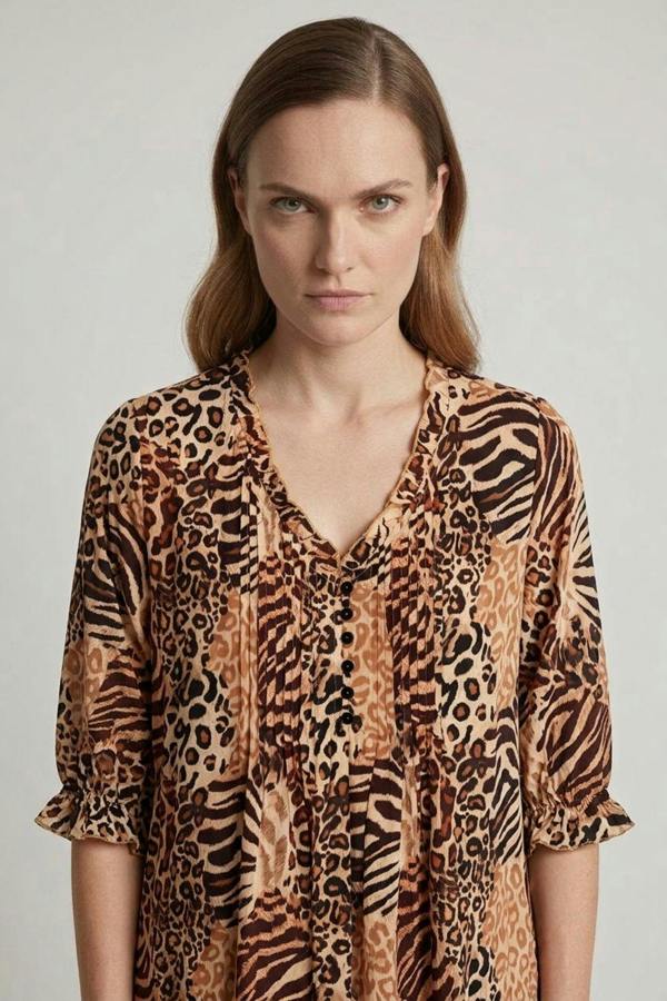 Brown | Animal Print 3/4 Sleeve Midi Smock Dress
