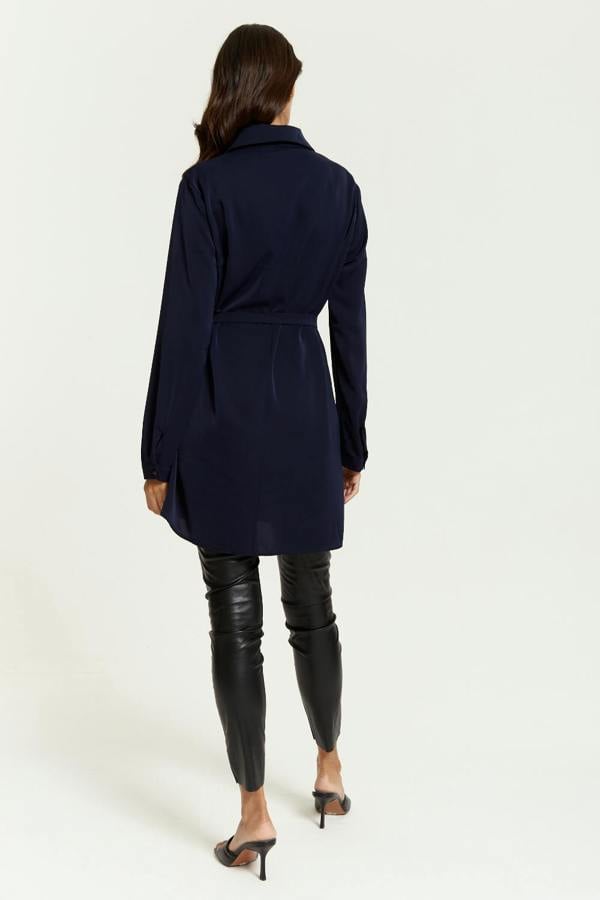 Hoxton Gal Oversized Tie Detailed Shirt Tunic with Long Sleeves in Navy