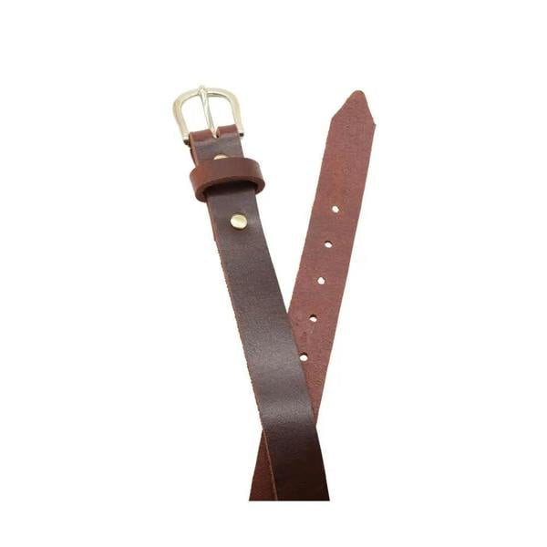 Top angle view of Brown leather belt with a silver buckle on a white background