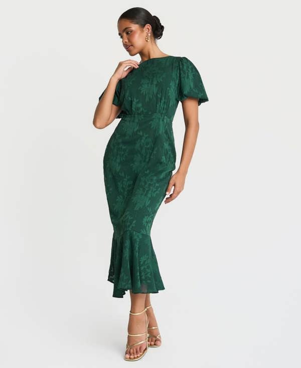 Needs No Label Forest Green Jacquard Puff Sleeve Midi Dress