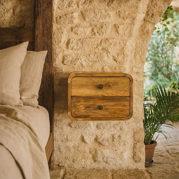 Wyld Haus Desenzano Mini Curve Oak Mango Wood Floating Bedside Table 2 Drawers