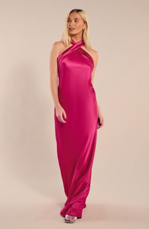 Rewritten London Roma Dress in Hot Pink Satin
