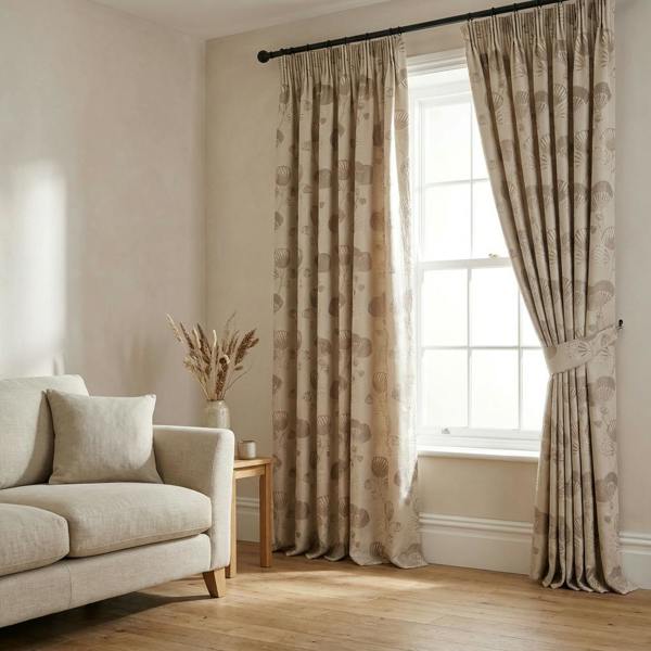 Kershaw made-to-measure curtains in Natural, styled in a living room