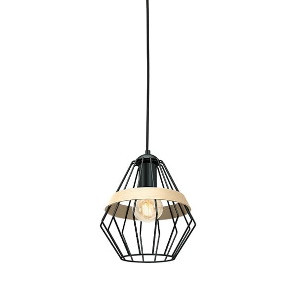 Milagro Cliff Black Pendant Lamp 1XE27 Hand Made Matt Black Cage Style Lamps With Natural Wood Detail