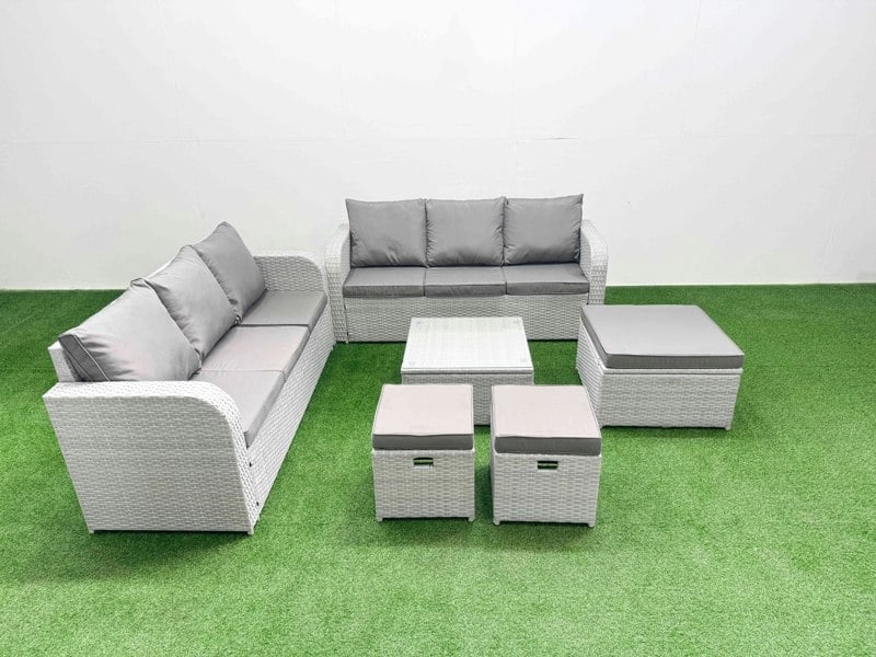 Fimous Outdoor Garden Furniture Sets 9 Seater Wicker Rattan Furniture Sofa Sets with Square Coffee Table high Back Lounge Sofa 3 Stools Light Grey