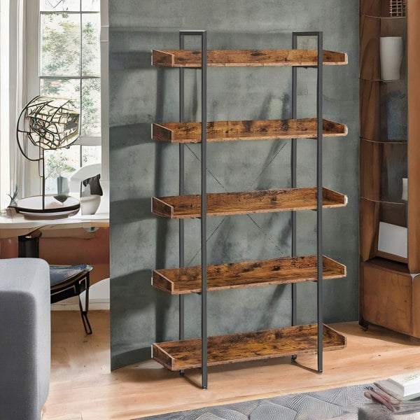 Rafaelo Mobilia Industrial 5 Tier Rustic Brown Bookcase