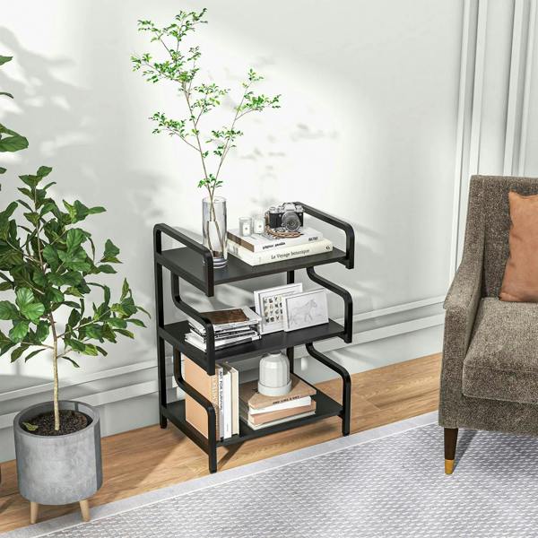 Black 3-tier shelf stand with open tiers for books, decor, and office supplies