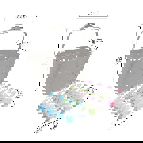 JVL Plastic Peg Basket, Grey with 36 Prism Soft Touch Mini Plastic Pegs, Multi