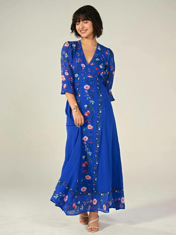Rose & Nancy Tory Blue Botanical Floral Border Print Maxi Dress