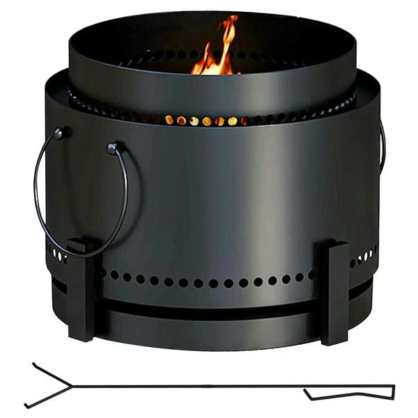 Black portable metal wood fire pit with round bowl, side handles, and vent holes