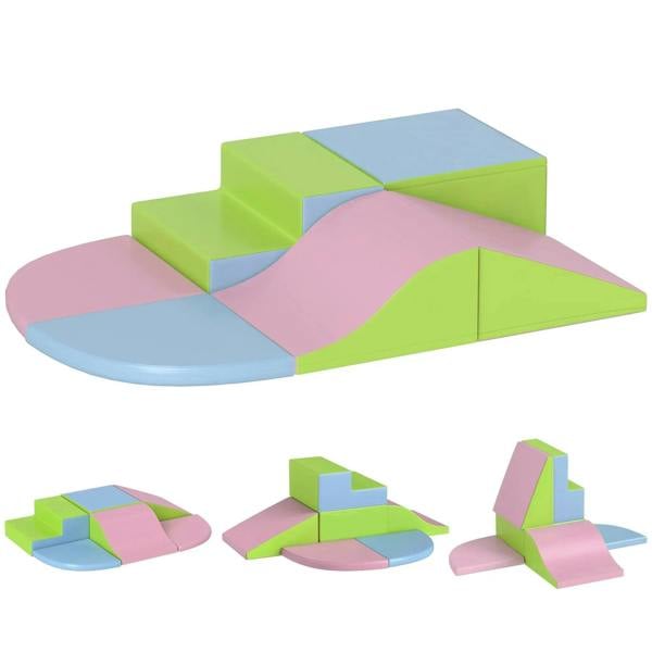 6-piece soft play climbing and crawling set with pink and green foam blocks