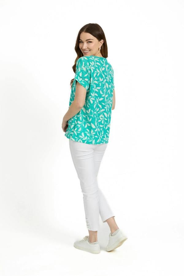 Mudflower Leaf Print Ladder Trim Top