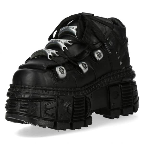 New Rock M-OVERZ106B-C1 Metallic Chunky Black Leather Gothic Ankle Boots