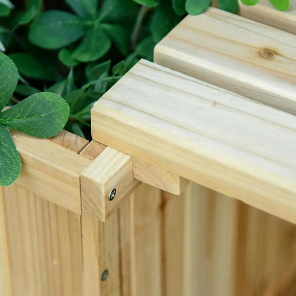 Natural wooden planter and bench corner with slat and metal screw detail