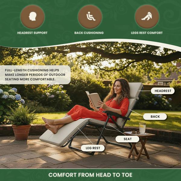 Steamer Chair Cushion – Outdoor Garden Seat Pad with 6cm Padding, Washable Cover & Adjustable Straps, Beige, 49cm Wide