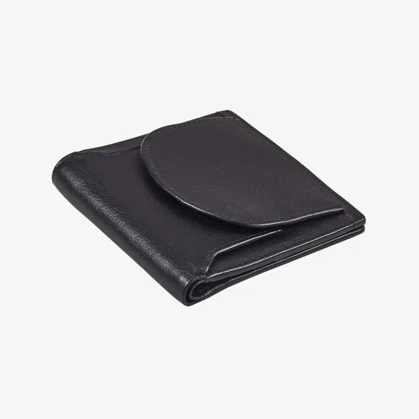 Compact black leather coin tray wallet with press stud closure