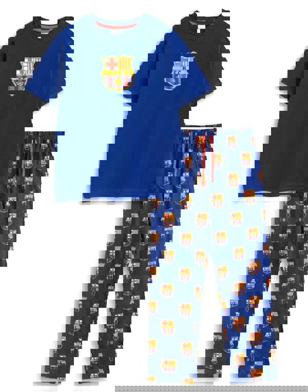 FC Barcelona Mens Black Logo Short Sleeve Long Leg Pyjama Set