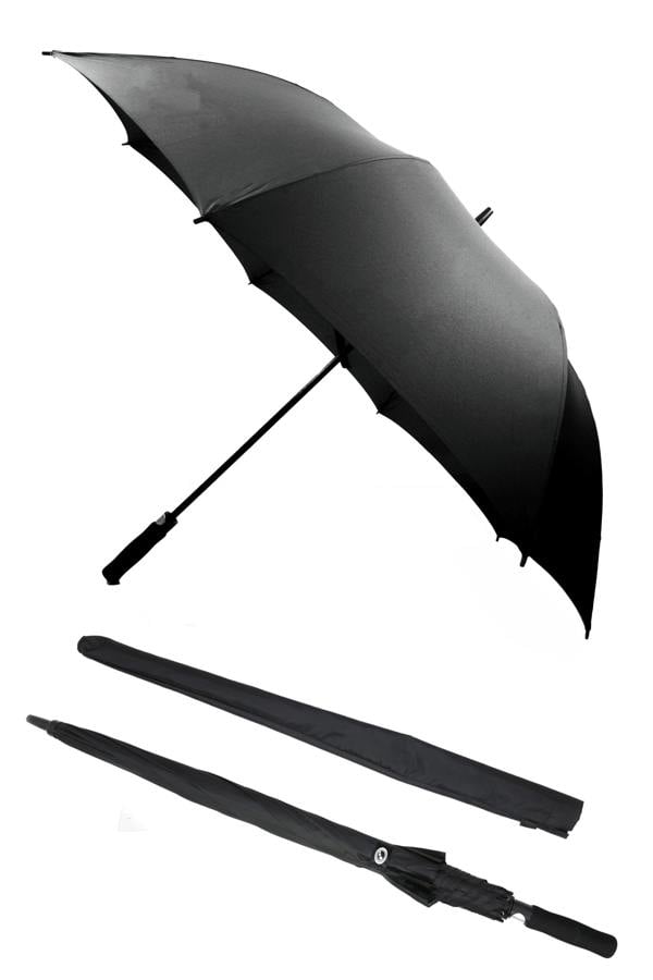 Black Optimum golf umbrella shown open and closed with carry sleeve, on white background - Optimum